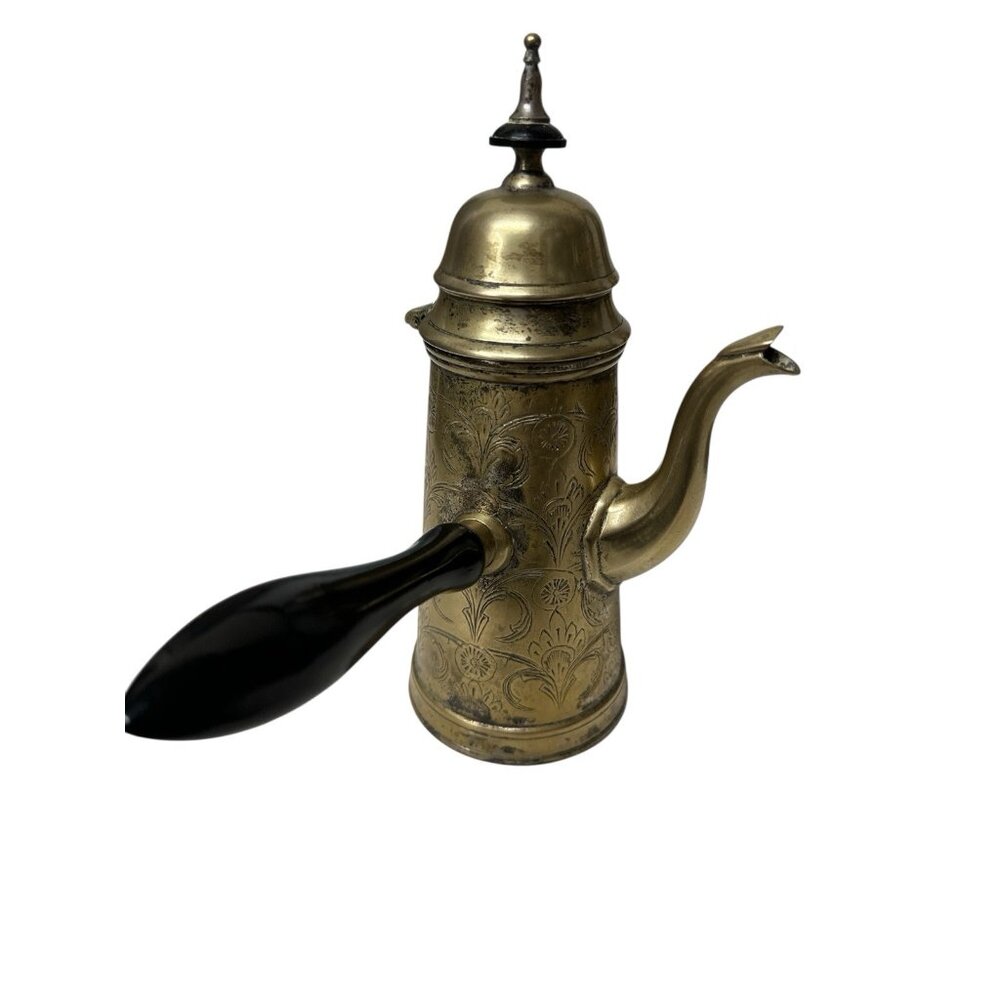 vintage Middle Eastern brass Dallah coffee pot with a long black handle